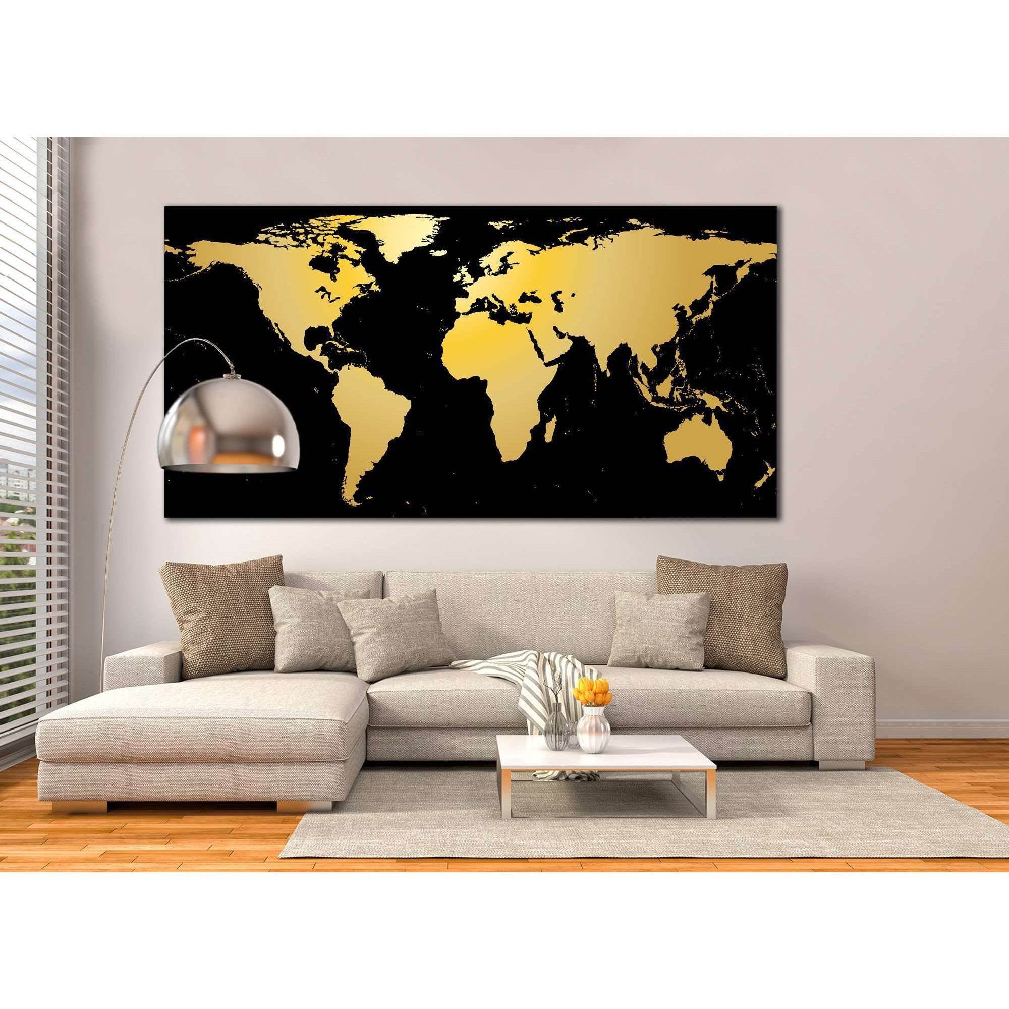 Black / Gold World Map Office Wall Decor