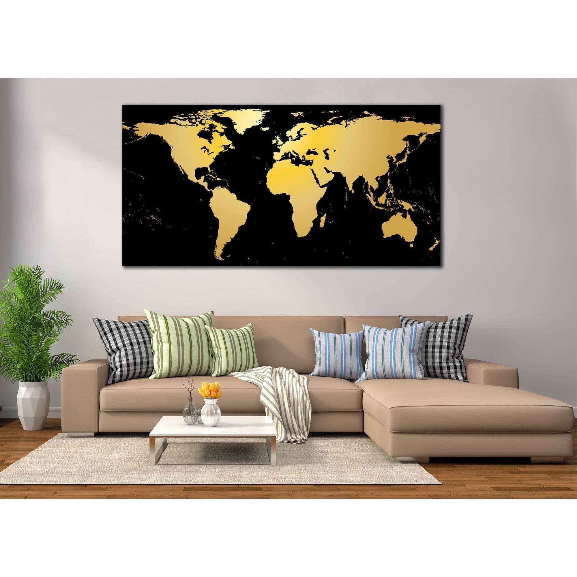 Black / Gold World Map Office Wall Decor