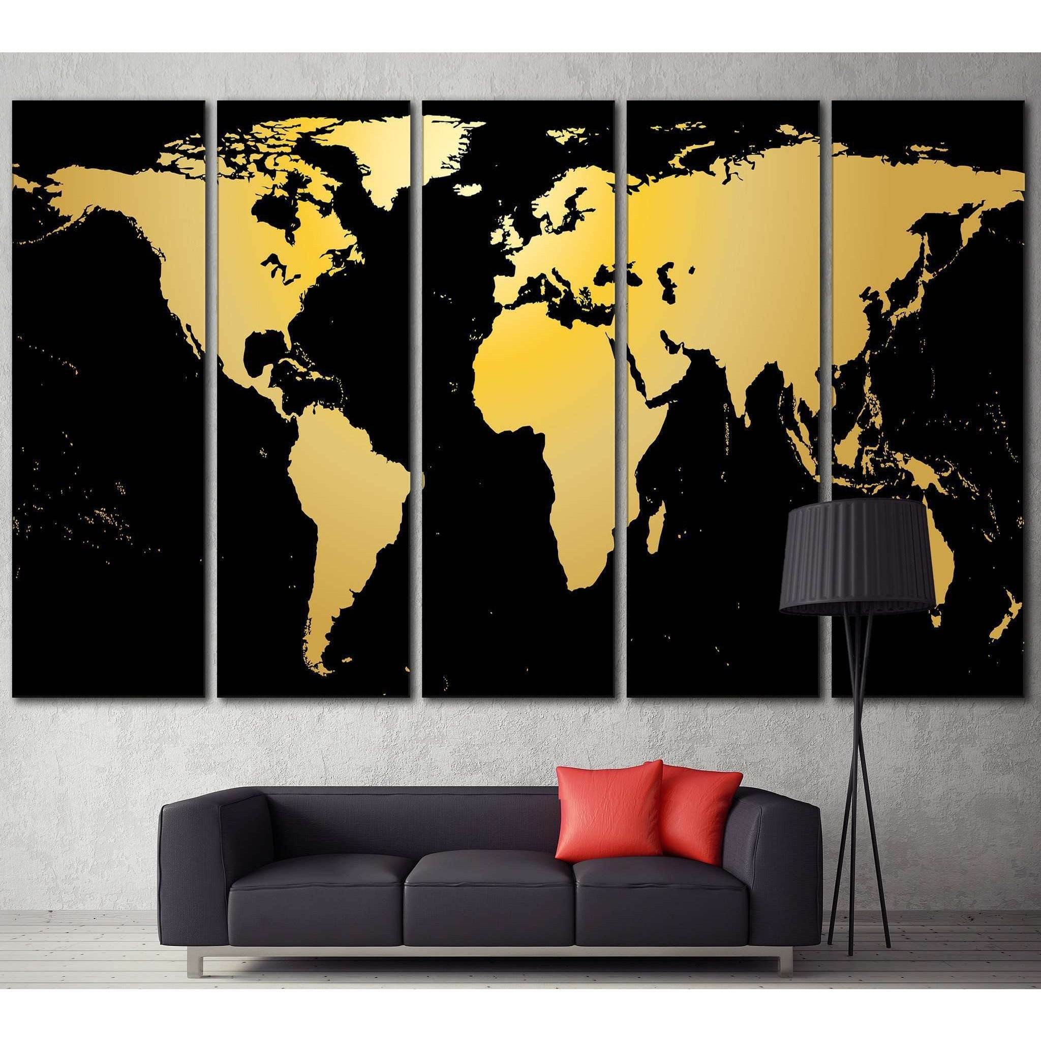 Black / Gold World Map №860 Ready to Hang Canvas Print