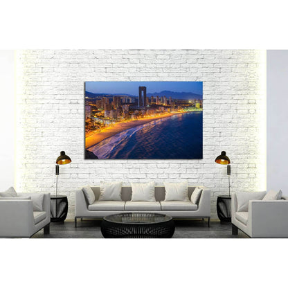 Breathtaking night view of the coastline in Benidorm with high buildings, mountains, sea and city lights №2209 Ready to Hang Canvas PrintCanvas art arrives ready to hang, with hanging accessories included and no additional framing required. Every canvas p