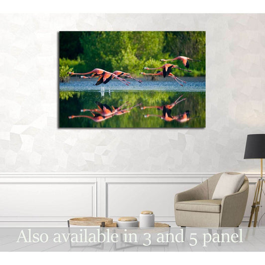 Caribbean flamingos flying over water with reflection. Cuba №3260 Ready to Hang Canvas PrintCanvas art arrives ready to hang, with hanging accessories included and no additional framing required. Every canvas print is hand-crafted, made on-demand at our w