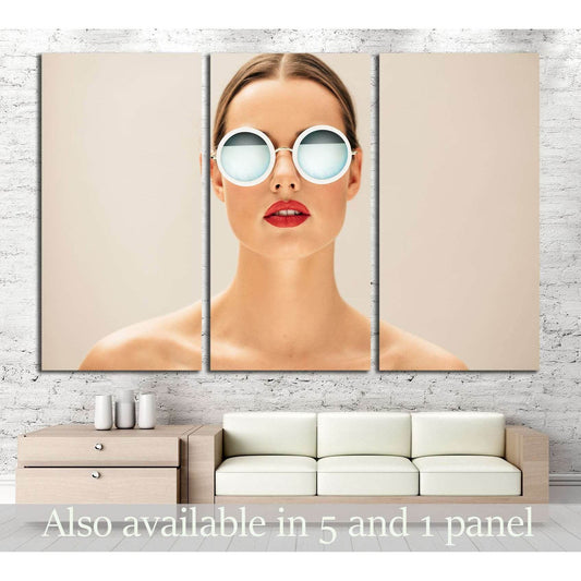 Close up portrait of pretty young woman with glasses against beige background №2758 Ready to Hang Canvas PrintCanvas art arrives ready to hang, with hanging accessories included and no additional framing required. Every canvas print is hand-crafted, made