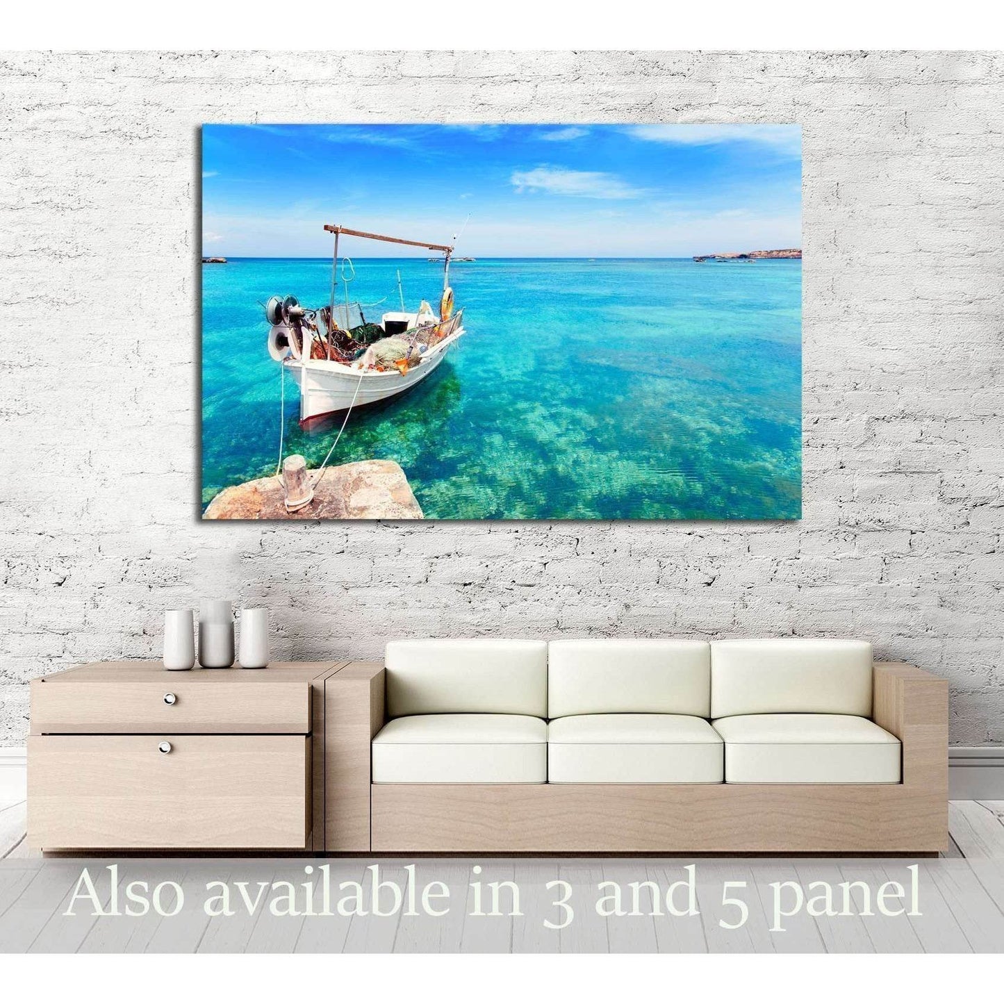 Els Pujols beach in Formentera with traditional fishing boat in summer day №2509 Ready to Hang Canvas PrintCanvas art arrives ready to hang, with hanging accessories included and no additional framing required. Every canvas print is hand-crafted, made on-