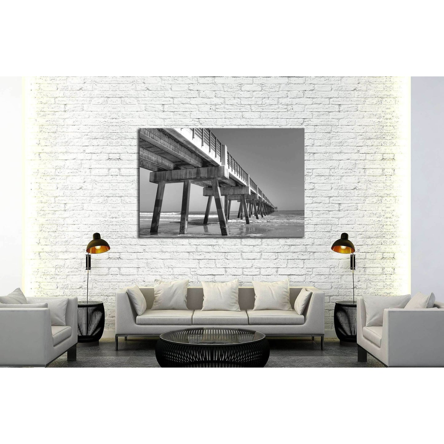 Fishing Pier in Jacksonville Beach, Florida №2498 Ready to Hang Canvas PrintThis canvas print features a black and white photograph of a pier extending into the sea, offering a perspective that leads the viewer's eye into the horizon. Its monochromatic to