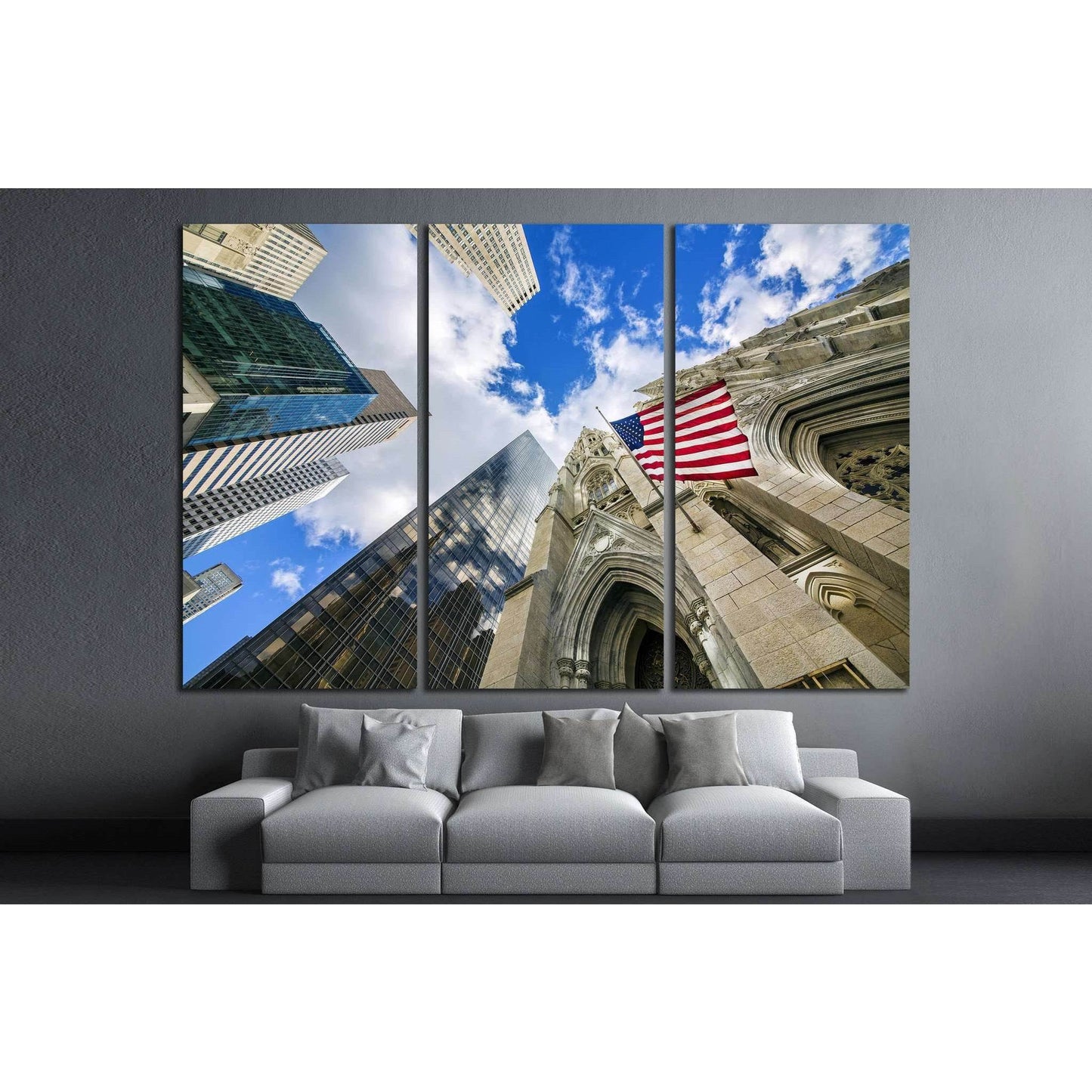 Flag USA on St Patrick's Cathedral, Midtown Skyscrapers, Manhattan, New York №1296 Ready to Hang Canvas PrintCanvas art arrives ready to hang, with hanging accessories included and no additional framing required. Every canvas print is hand-crafted, made o