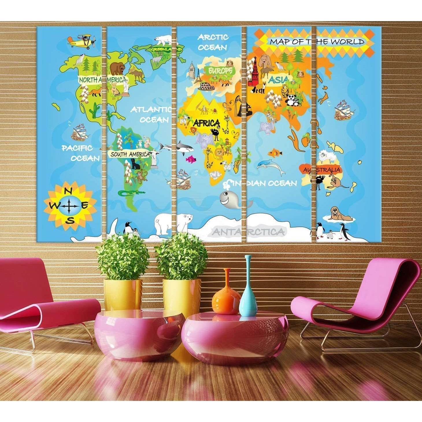 Kids World Map 714 Ready To Hang Canvas Print Zellart Canvas Prints   Kids World Map No 714 5 Panel Canvas Print Wall Art Zellart 