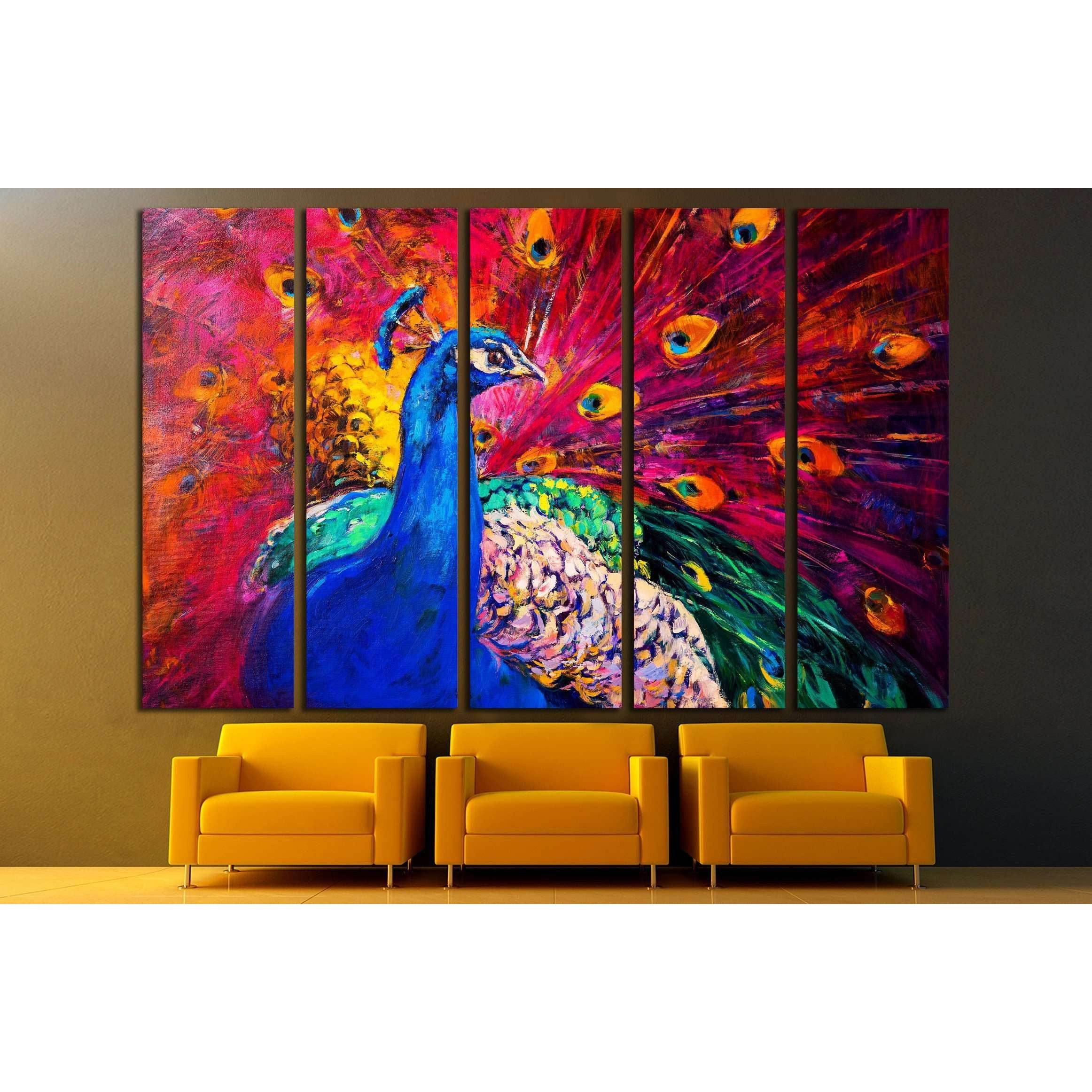 Oil painting. Beautiful multicolored peacock №2802 Ready to Hang Canva