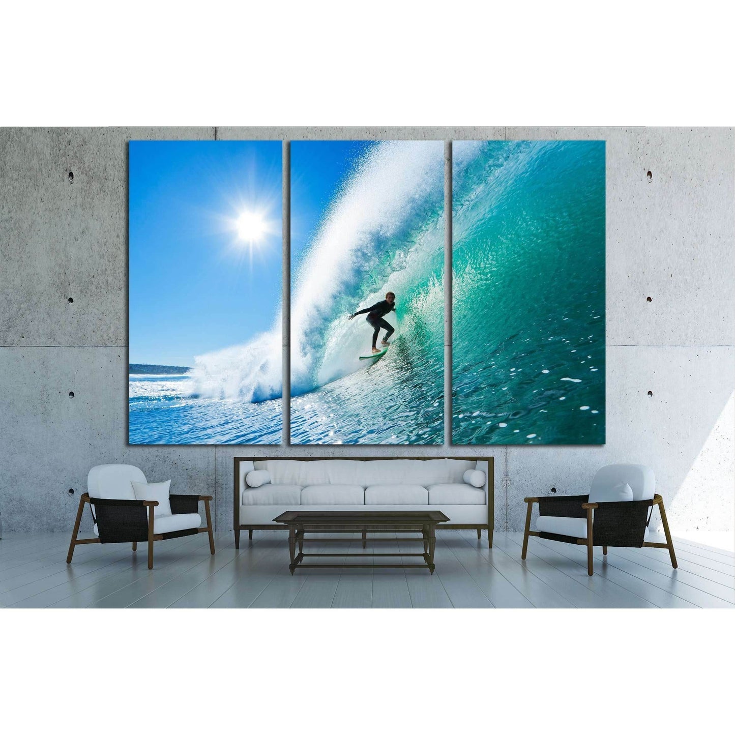 Dynamic Surfer Wave Triptych Canvas for Beach House DecorThis triptych canvas print captures a surfer skillfully navigating a towering wave, with the sun shining brightly in a clear blue sky. The dynamic composition and vivid colors convey the excitement